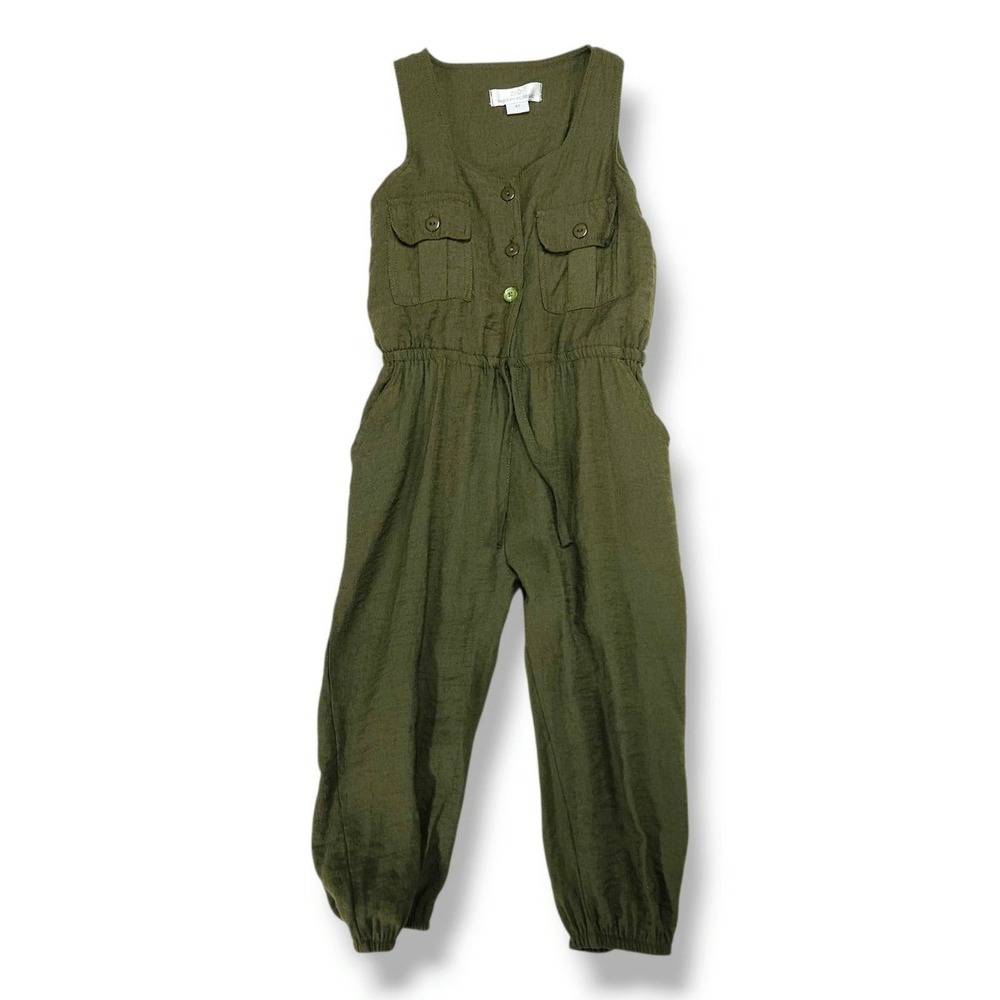 Bailey's Blossoms Girls Utility Romper Button Front Pockets Olive Green 4T
